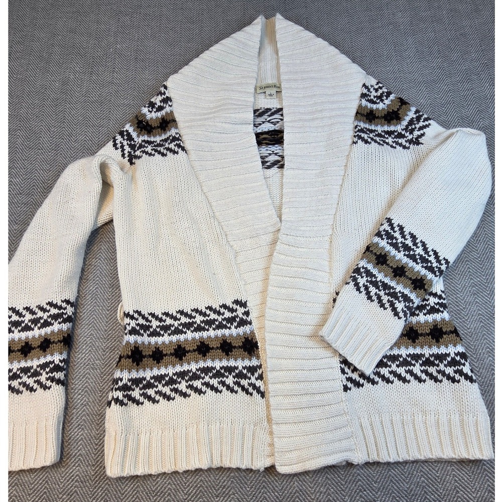 St Johns Bay Womens Large Cream Fair Isle Shawl Collar Metallic Open Cardigan